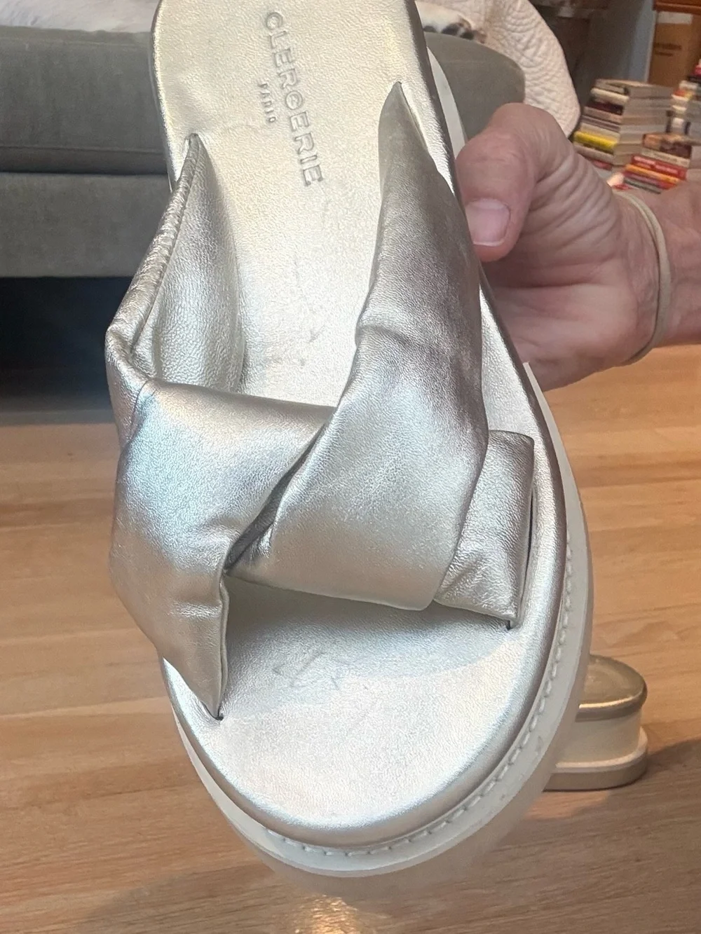 Robert Clergerie Metallic Gold Padded Crossover Slide Sandals for Women